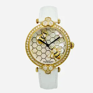 Judith Ripka Stainless Steel Bumble Bee Gemstone Watch 36mm Mother-of-Pearl 3D Honeycomb Dial White Leather Strap J355957