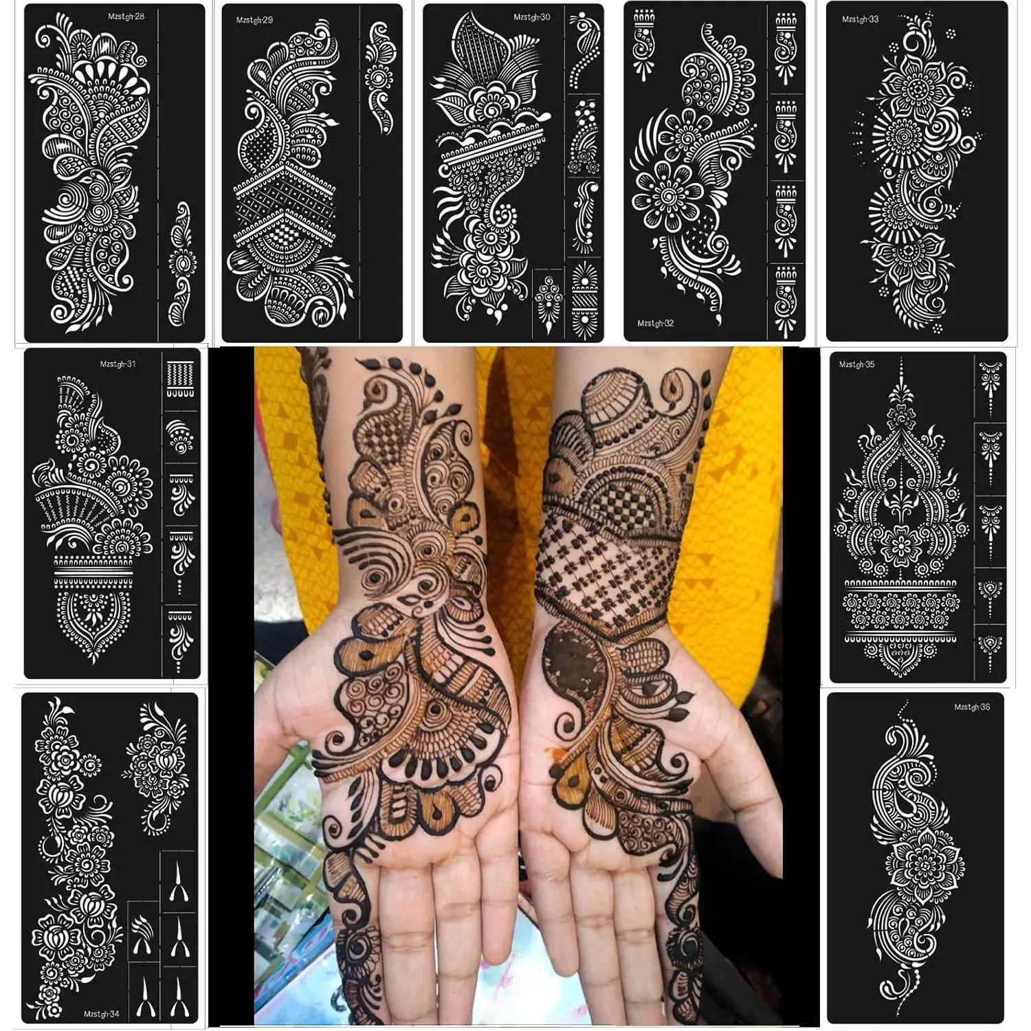 Henna Stencils 9 Sheet Henna Tattoo Kit, Reusable Henna Stickers for Hand Forearm Indian Arabian Self Adhesive Tattoo Templates