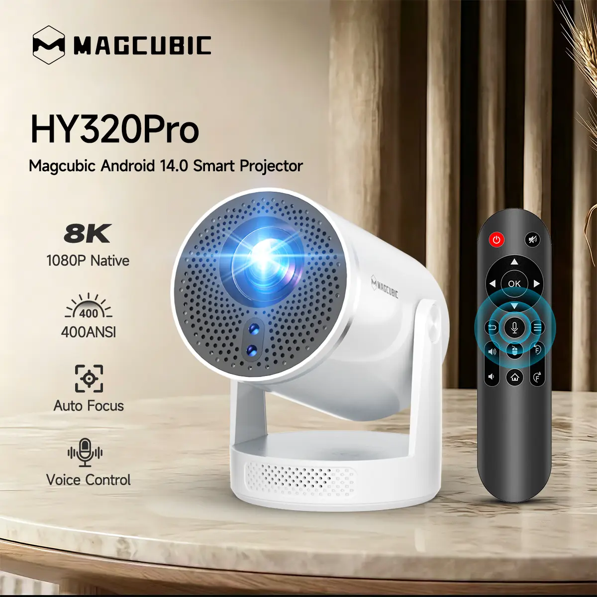 Magcubic HY320Pro Projector Auto Focus 400ANSI Native 1080P Google Assistant 8K Decode Android 14.0 Dual WiFi 6 Bluetooth 5.4 Auto Keystone Wireless 180° Flexible Rotating Portable Smart Home Cinema Movie Night Gift Projectors For Bedroom