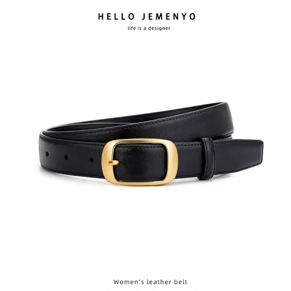 Vintage gold rectangle buckle PU belt, slim casual faux leather waist belt, versatile outfit accessory for everyday wear