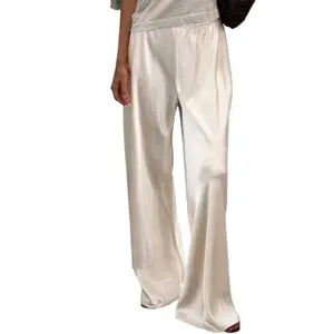 Women's Casual Wide Leg Dress Pants Elastic Waist Solid Color Satin Pants Work Trousers