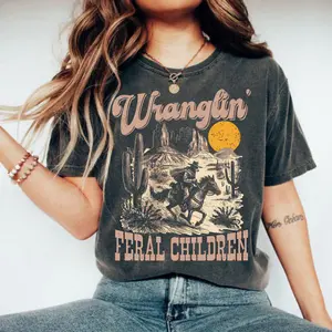 Comfort Colors Retro Wranglin' Feral Children Raccoon 90s Western Graphic Shirt, Cotton T-Shirt, Vintage Cowgirl Aesthetic, Crewneck T-Shirt