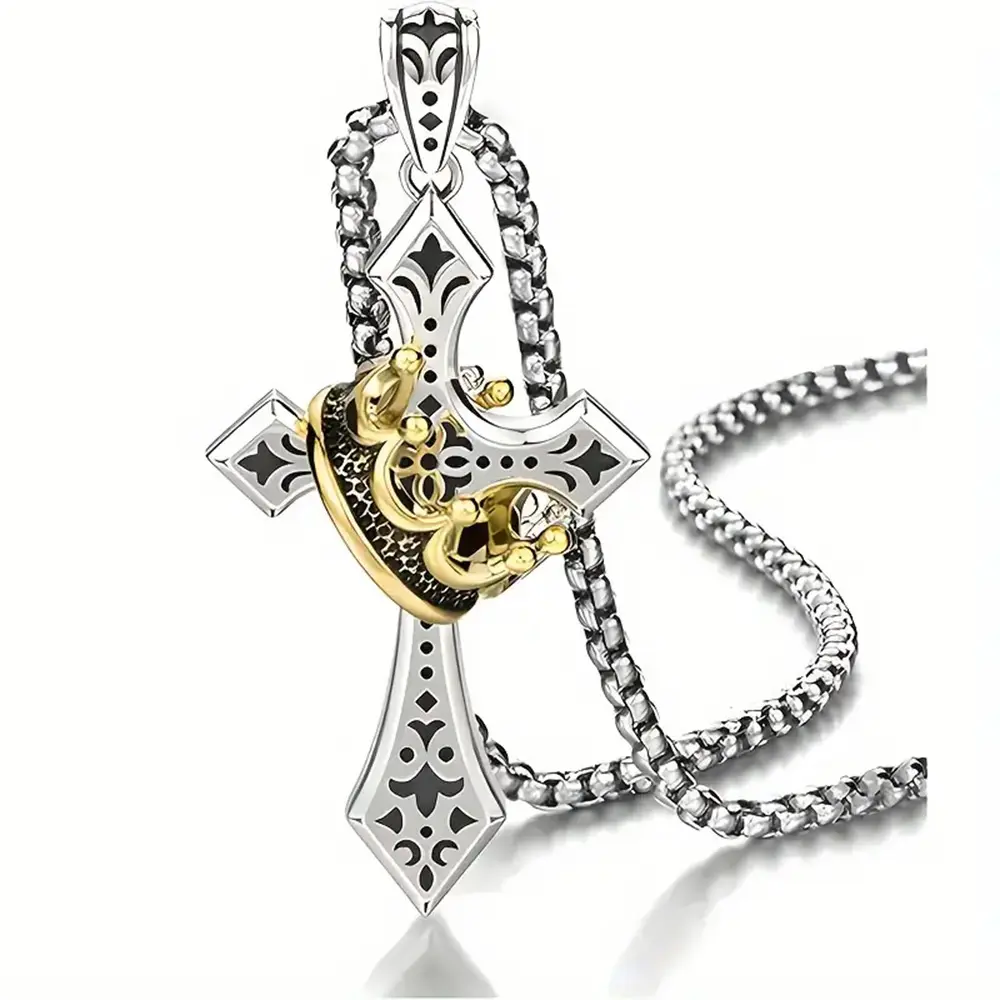 Men's Cross Crown Necklace, Polished Black Metal Spiritual Jewelry, 5x2.5cm Pendant with 60cm Casual Cross Chain Design, Metal Coating, 5×2.5Cm