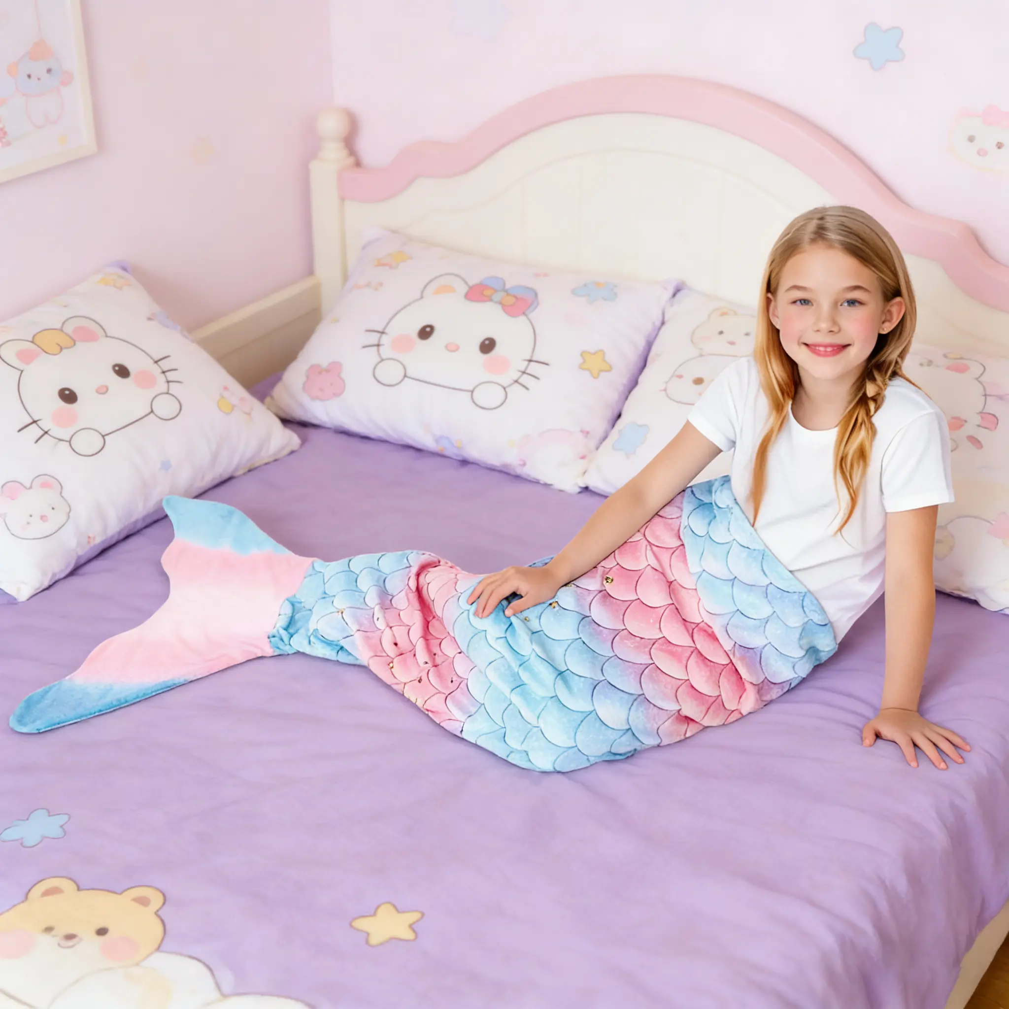 Girl's Classic Fish Scale Unicorn Pattern Mermaid Tail Wearable Blanket - Breathable Soft Flannel 55x20 in Camping, Home Blanket - Children's Bedding & Throws Snuggle Christmas Gift