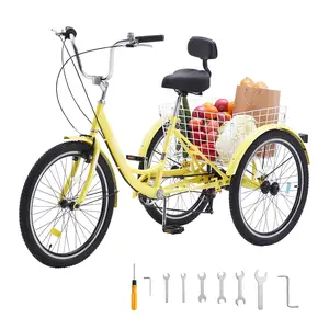 VEVOR Adult Tricycles Bike,  7 Speed Adult Trikes, 24 Inch Three-Wheeled Bicycles, Carbon Steel Cruiser Bike with Basket and Adjustable Seat, Picnic Shopping Tricycles for Seniors, Women, Men  (Yellow)