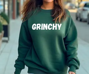 Vintage GRINCHY Design Gildan Crewneck Sweatshirt Long Sleeve 50/50 Cotton Polyester Blend Festive Wear with Santa Elf & Reindeer Christmas