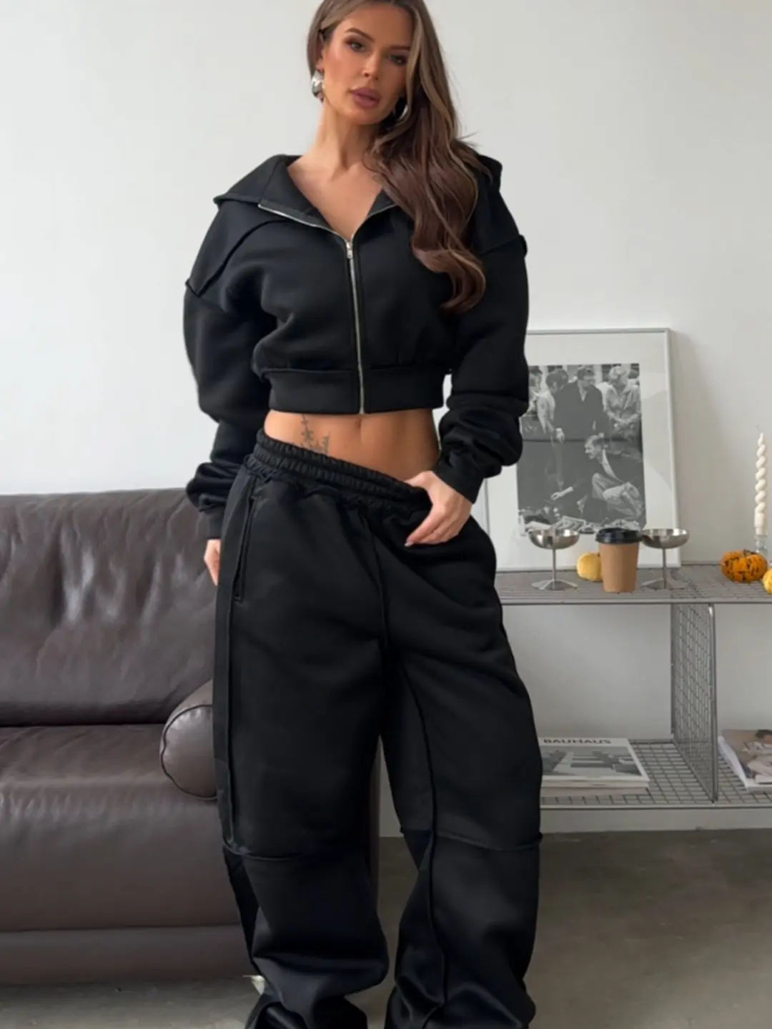 Exposed Stitching Distressed Zip Up Oversized Loose Fitting Casual Sweater and Pant Set Womenswear