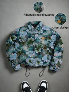 Men’s long-sleeve fashion vintage jacquard jacket featuring a floral pattern and hidden button closure; a zip-up bomber jacket made from high-quality, wear-resistant, wrinkle-resistant fabric for spring and autumn, with a chest cargo pocket design—perfect