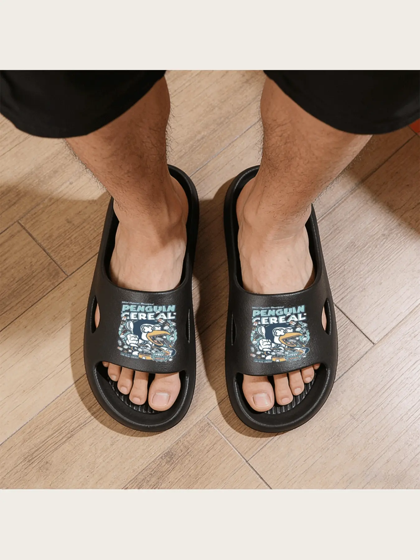 Mint Organic Breakfast Penguin Cereal Graphic Slippers with Fun Penguin Design and Cereal Print for Casual Wear Fortified with Vitamin D Inspired Comfortable Footwear