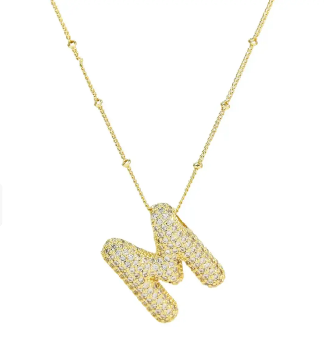 Icy Gold Bubble Initial Necklace Gold Plated Letter M Pendant Fashion Jewelry for Women