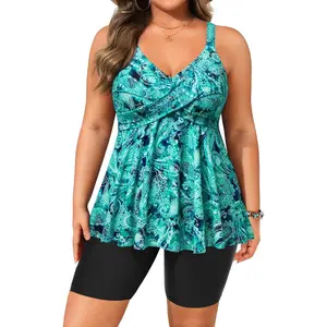 Plus Size Tankini with Shorts - Two Piece Swimsuit Tummy Control Bathing Suit Flowy Swimwear 2026