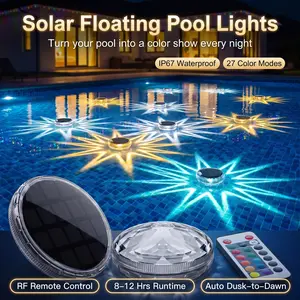 Solar Floating Pool Lights, IP68 Waterproof, RF Remote Control, 27 Color Modes Adjustable Brightness, 8-12Hrs Solar Pool Light for Inground Above Ground Pool Hot Tub Pond Party