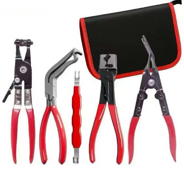 5-Pieces Damage-Free Auto Trim Clip Removal Pliers Kit, Treated Metal No-Scratch Automotive Plastic Retainer Fastener Puller for Most Cars, Door Panel Dashboard Upholstery Tool with Storage Bag