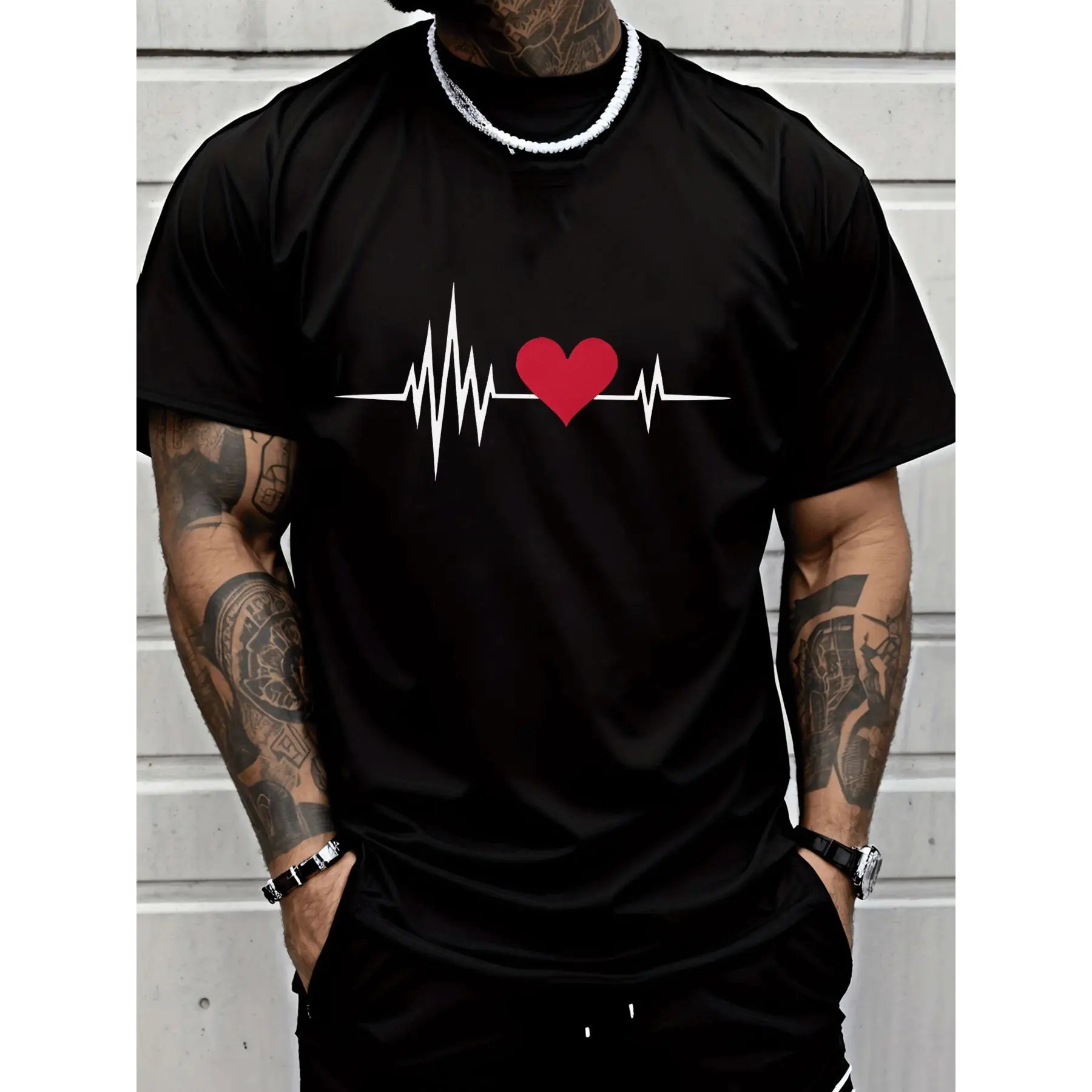 Crew Neck Men's Fashion Casual Trendy Street Style Short Sleeve T Shirt with Heartbeat Line Red Heart Pattern Adults Men Casual Wear Suitable for Daily Outings Sports Activities and Casual Occasions.
