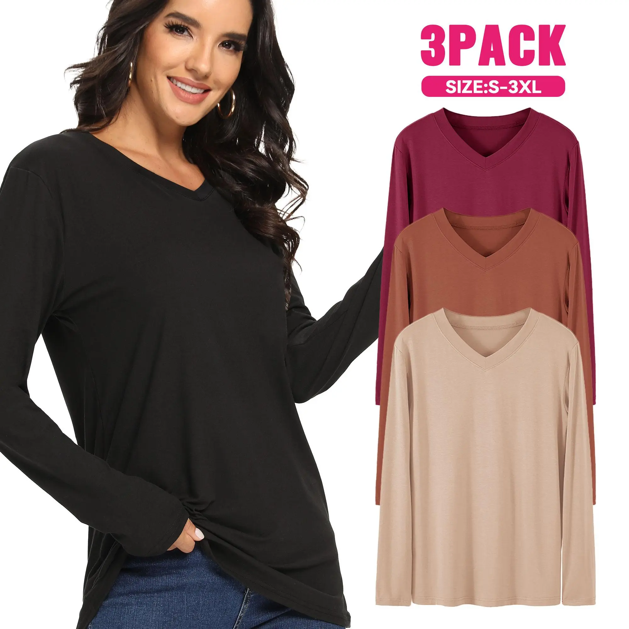 Showitty Women's 3 Pack V-Neck T-Shirts, Casual Long Sleeve Loose Fit Lightweight Tops, Breathable Wardrobe Staples for Fall Everyday Wear, Casual Everyday Wear, Longsleeves, Polyester Blend, Lady, Casual Wear