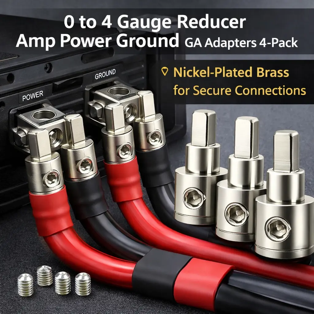 4-Pack 0 Gauge to 4 Gauge Wire Reducer – Heavy-Duty Nickel-Plated Brass Amp Input Adapters for Car Audio Power & Ground Connections – Includes Heat Shrink Tubing and Mounting Screws for Secure, Professional Installations