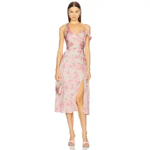 ASTR the Label Asymmetric Ruched Waist Dress in Pink Watercolor Floral