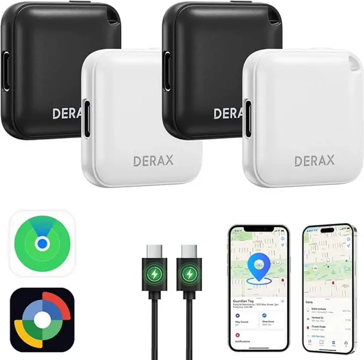 DERAX Rechargeable Bluetooth Tracker 4-Pack (Black & White) - Anti-Lost Tag Device, Item Finder with Batteries & Cells, Compatible with iOS, Android & Find My App for Keys, Wallet