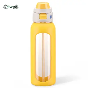 【Olivego】32oz 2-in-1 Premium Borosilicate Glass Water Bottle with Straw & Flip Lid, Leakproof BPA Free Sports Water Bottle with Silicone Sleeve & Handle, Reusable Drinking Bottle for Gym, Workout & Travel Drinkware Bottled