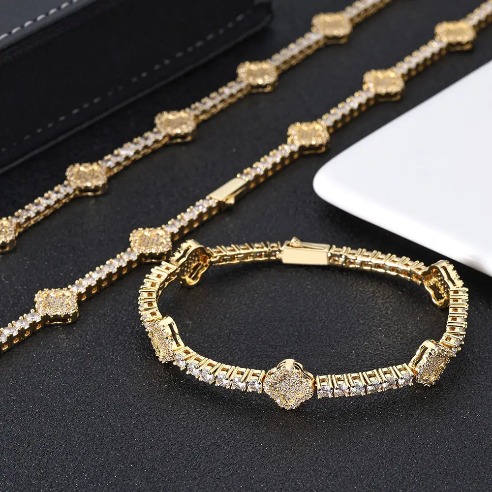 Hip Hop Spring Buckle Zircon Tennis Chain Four Leaf Flower Unisex Bracelet and necklace Jewelry