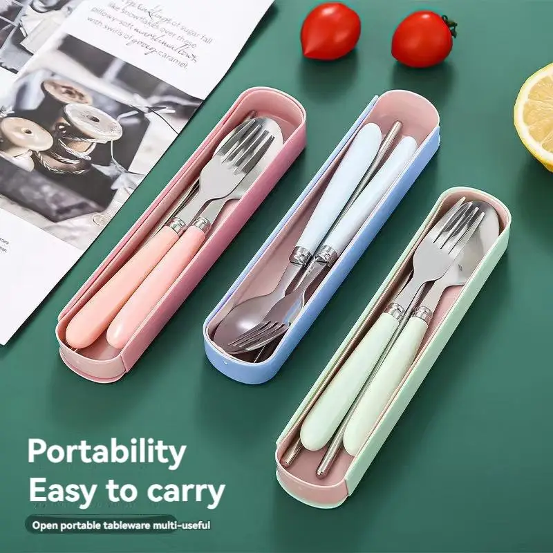 Stainless Steel Tableware Set with Storage Box, 3 Counts/set Including Spoon, Fork & Chopsticks, Portable Tableware Set for Outdoor Travel