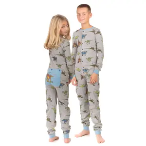 Dinosaur Union Suit Boys & Girls Onesie Pajamas T-Rex on Rear Flap, Kids 4 - 14