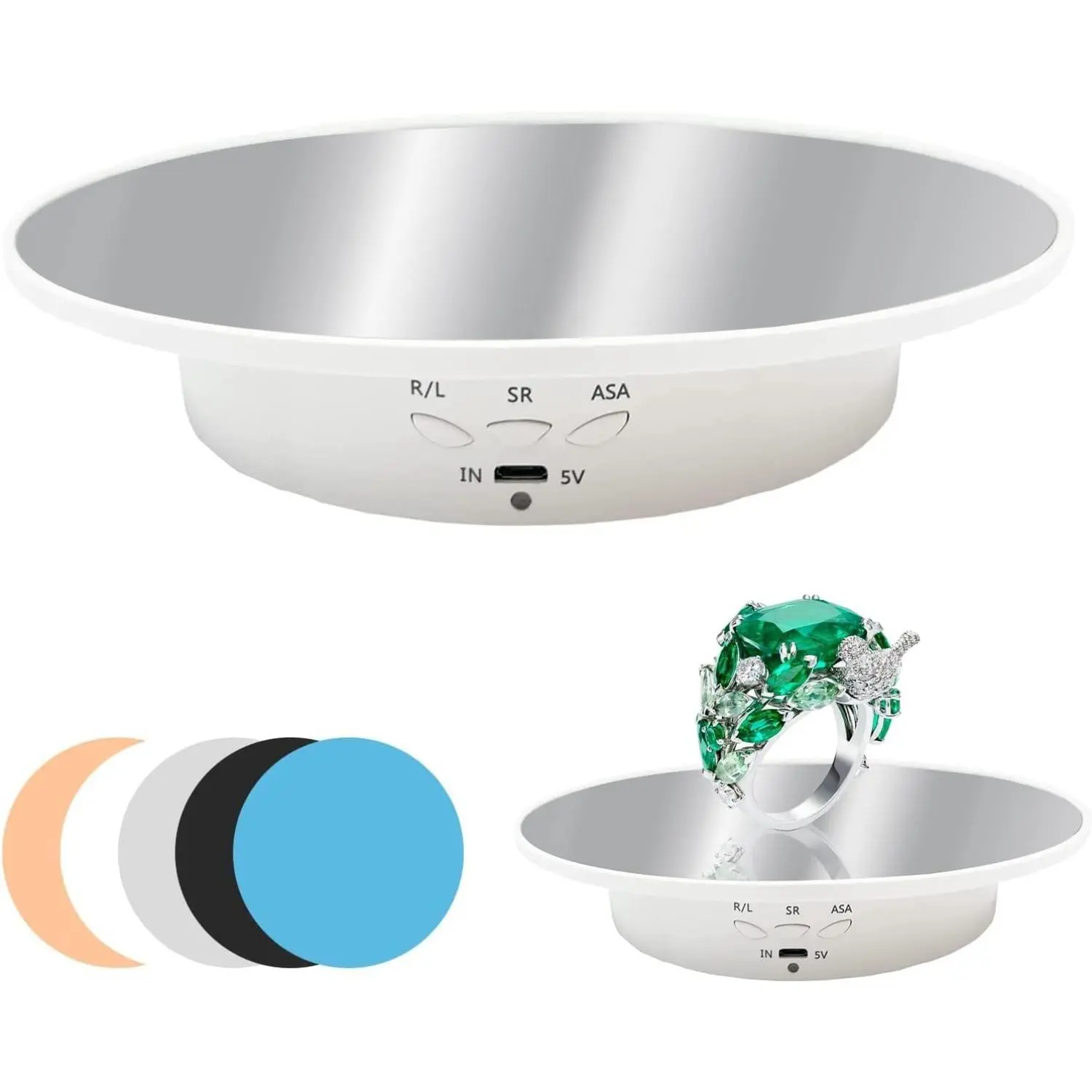 Electric Rotating Display Stand, 1 Count Usb Powered 360° Rotation Electric Display Turntable with 5 Counts Background Pads, Office Supplies, Suitable for Cake Jewelry Photography, School Supplies, Stocking Fillers Gift,  Office Accessories