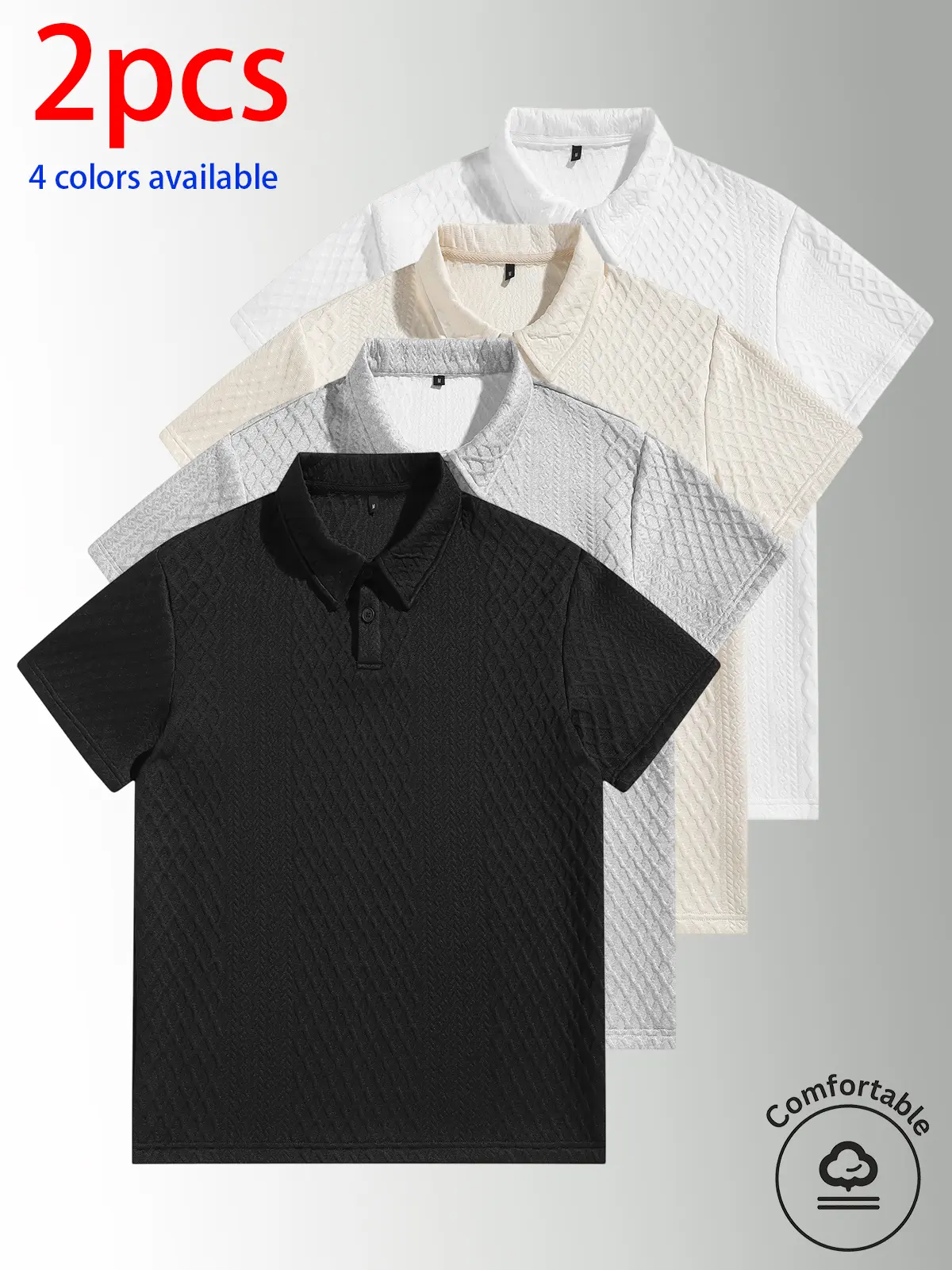 2-pack men’s summer tops: T-shirt and short-sleeve polo shirt; casual short-sleeve polo shirt.3D jacquard texture design, loose fit that flatters the figure and is versatile, suitable for various body types.Solid color collared short sleeves, available in