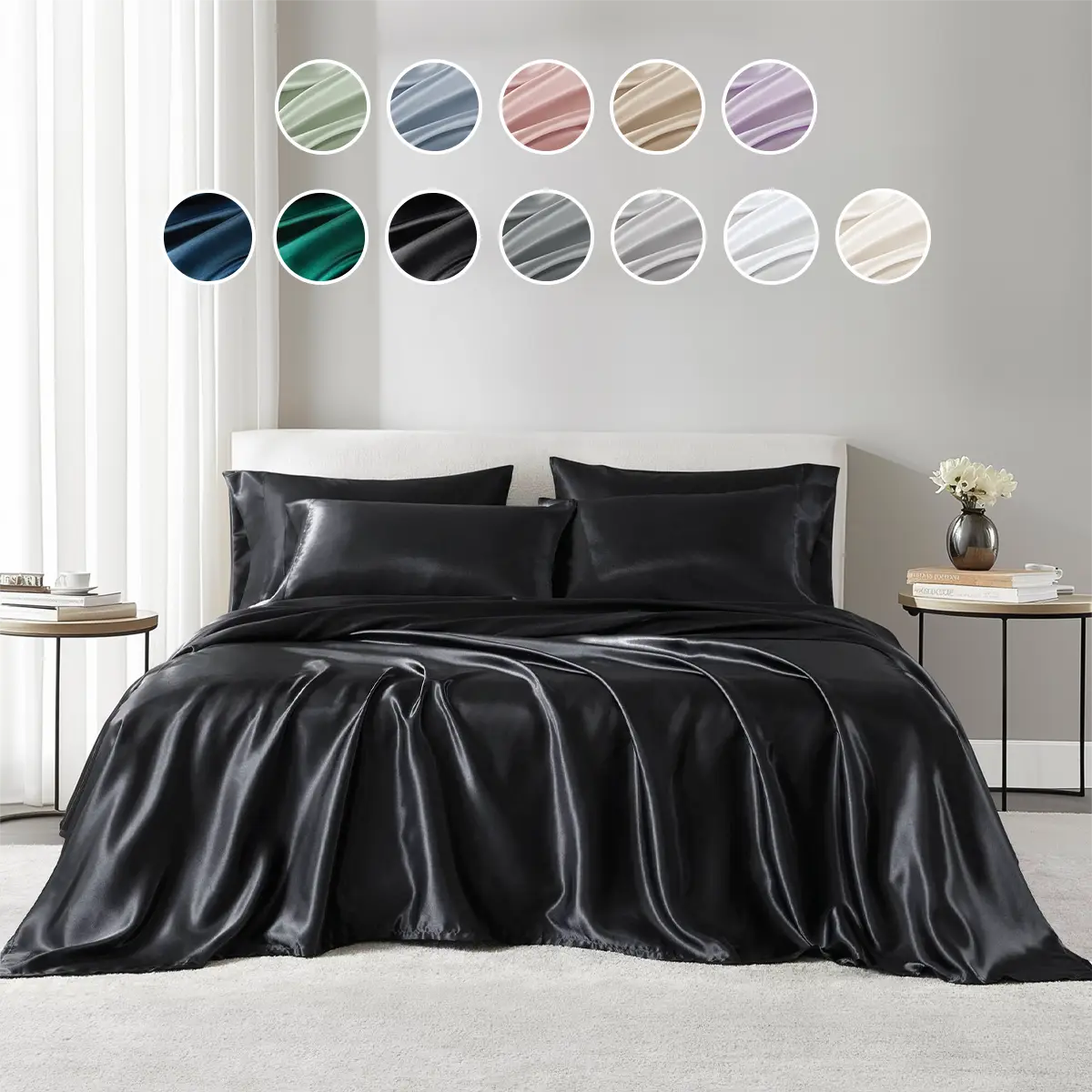 6 Piece Satin Sheet Set, Elastic 14" Pocket fits up to 16" Mattress, All Around Elastic