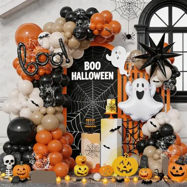 Halloween Little Boo Balloon Garland Arch Kit 151 Pcs Black & Burnt Orange Balloons with Ghost & BOO Foil Balloons Spooky Halloween Birthday Party Decorations Little Boo Baby Shower Haunted House Party Supplies