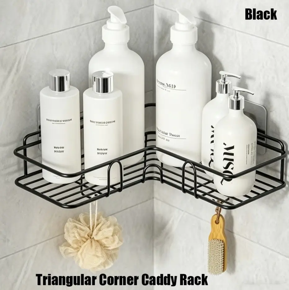 Wall Mount Triangular Corner Storage Rack - Compact Corner Mount Shower Organizer, Multi-purpose Bathroom Gadget with Multi-item Hold, Enhances Bathroom Functionality