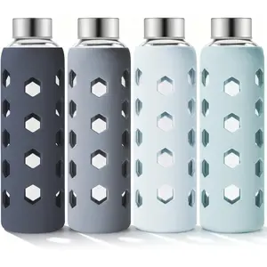 18 oz 4-Pack Glass Juice Bottles with Lids and Silicone Sleeves, Reusable Clear Glass Water Bottles with Stainless Steel Airtight Cap for Juicing Refrigerator, BPA Free Leak-Proof Drinking Jar