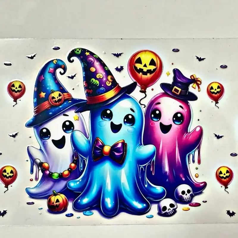 UV DTF Cup Wraps for 16oz Tumblers - No Heat Just Peel & Stick Halloween Ghosts Design with Balloons and Skulls