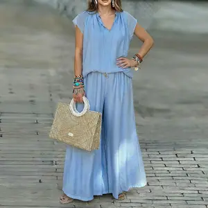 ChicMe Women's 2 Pieces Outfit Notch Neck Tied Detail Short Sleeve Top and Elastic Waist Wide Leg Pants Set Casual Breathable Loose Fit Set