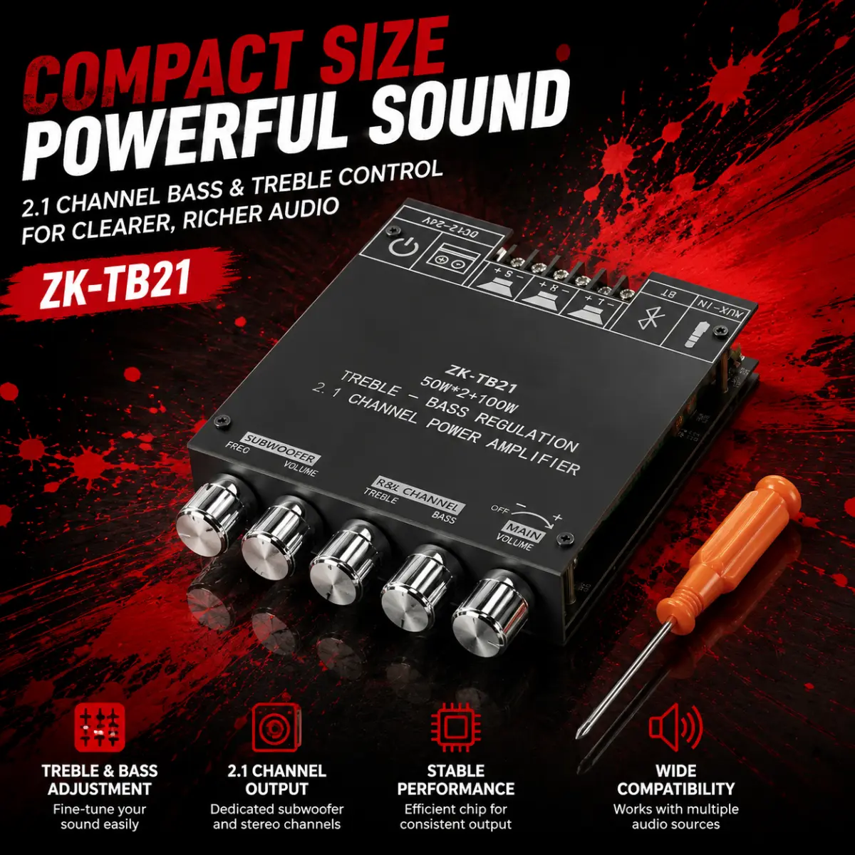 TPA3116D2 2.1 Channel Bluetooth Class D Amplifier Board - 200W Max Power, Wireless BT & AUX Inputs, Tone Controls, Subwoofer Amplifier Board for DIY Speakers (Smart Home Audio Upgrade), Stereo, Protection