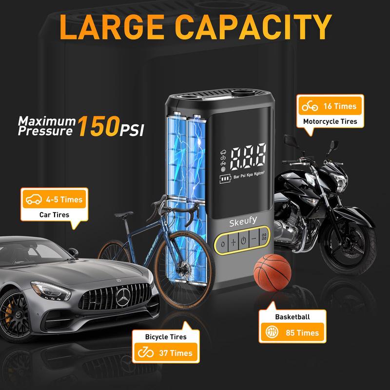 Easy Practical Tire Inflator Portable Air Compressor, 150 PSI Cordless Air Pump for Car Tires with Auto Shut-Off, LED Light and Digital Pressure Gauge, Electric Bike Tire Pump for Cars, Bike, Motorcycle, Ball (CE & FCC Certification)