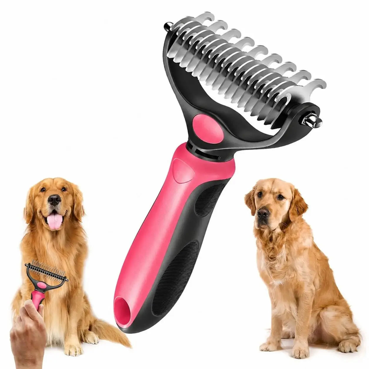 Double Pet Grooming Brush-Sided Hurtless Shedding and Dematting Undercoat Rake Comb for Dogs and Cats, No More Nasty Shedding or Flying Hair