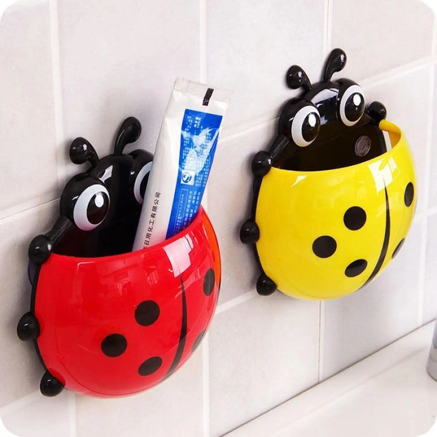 1-2Pcs Cute Ladybug Toothbrush Holder, Suction Cup No-Punching Rack for Kids Adults, Bathroom Home Supplies Toiletries Storage Rack That Keeps Dry