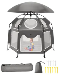 Pop-Up Portable Baby Playpen with UV Canopy, Waterproof Outdoor & Indoor Play Tent, Breathable Mesh Sides, Quick Setup Folding Baby Play Yard with Carry Bag & Stakes 59"/63“