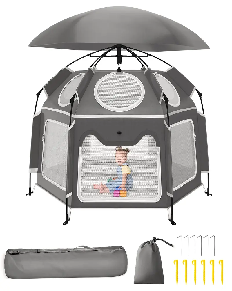Pop-Up Portable Baby Playpen with UV Canopy, Waterproof Outdoor & Indoor Play Tent, Breathable Mesh Sides, Quick Setup Folding Baby Play Yard with Carry Bag & Stakes 59"/63“