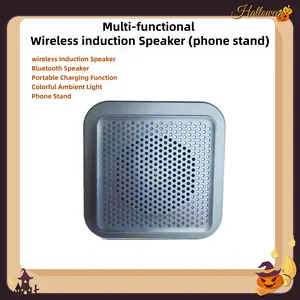 Summer Wins Wireless Induction Bluetooth Speaker - 5-in-1 Multifunctional Phone Stand, Portable Phone Holder, Universal Smartphone Holder, 5000 mAh Rechargeable Emergency Power Bank, 360° Adjustable Tablet Accessory with Colorful Ambient Lighting (Black)