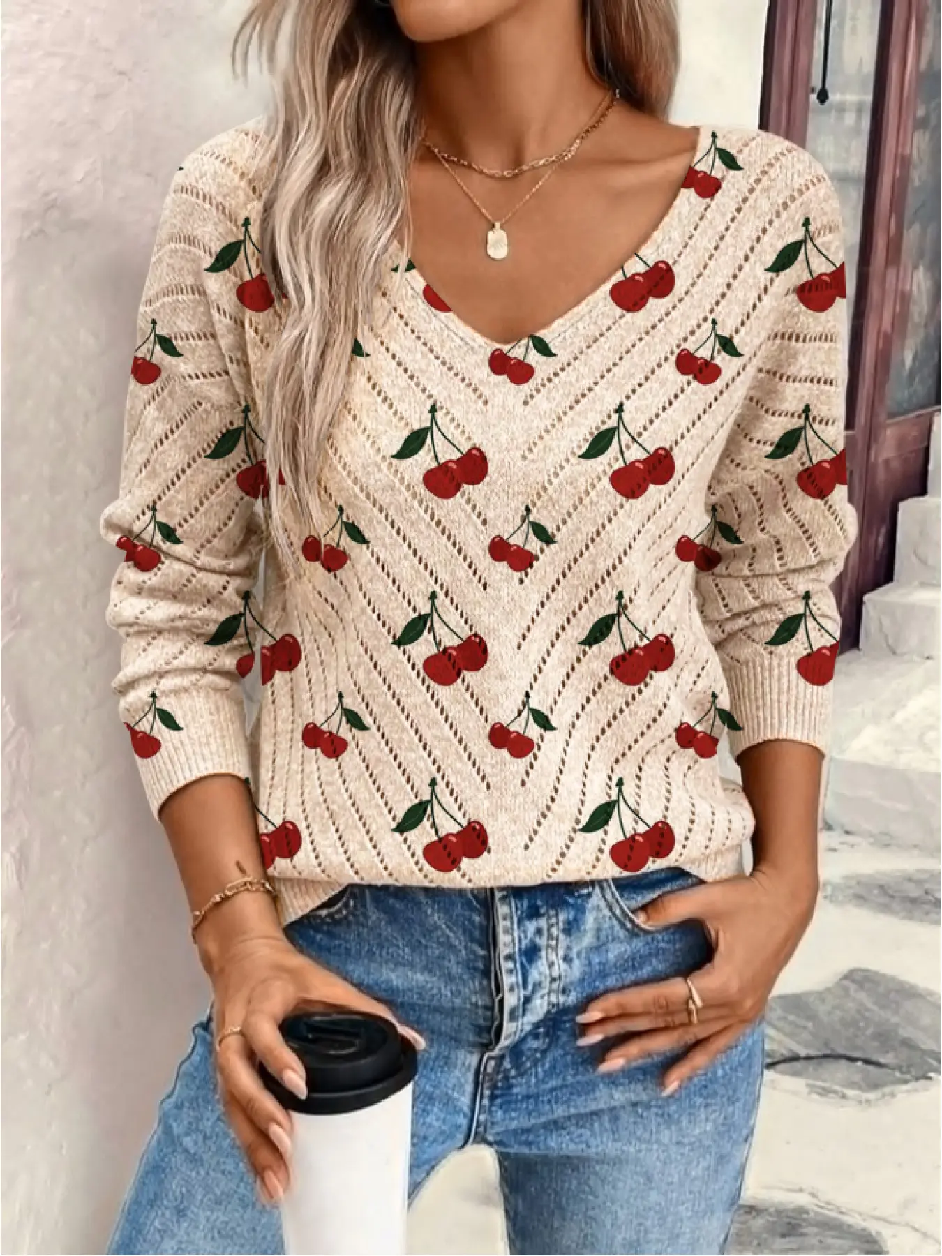 Women's Cherry Print Long Sleeve Knit Top, Casual Elegant Vacation Style Sweater, Loose V Neck, Comfortable Warm, Fall & Winter