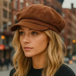 Women's Corduroy Newsboy Cap - Coffee Brown Vintage Octagonal Beret Hat, Soft Foldable Winter Cap with Corduroy (No Elasticity), Hand Washable & Collapsible for Casual/Formal Wear, Painter-Style Soft Durable Corduroy Hat