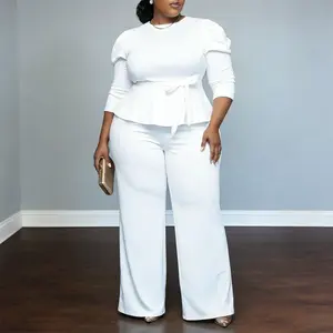Plus Size 2 piece sets for Women Puff Long Sleeve Peplum Tops & Wide Leg Pants Sets Polyester Spandex White Clubwear Party Dating Casual Outfits