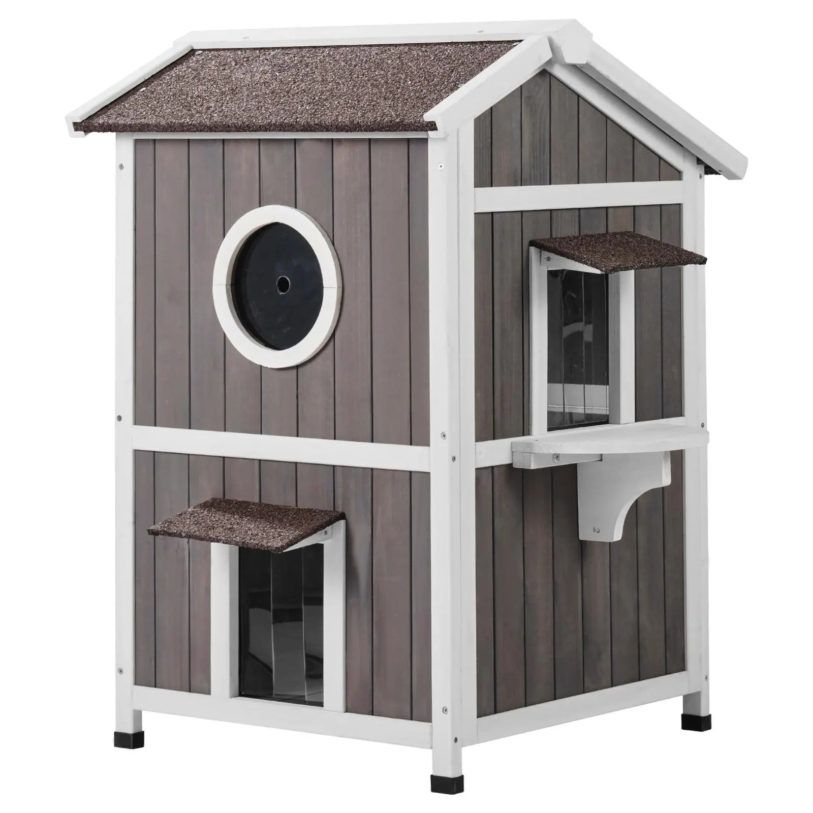 【Summerfinds】VEVOR Outdoor Cat House Weatherproof Feral Cat Shelter for Multiple Cats2-story Large Outdoor Wooden Cat House with DoorsPVC Door FlapsA Clear Window23"L x 26"W x 36"H