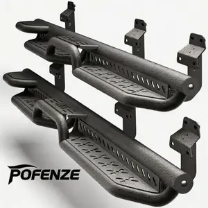 POFENZE-Mestan Running Boards Side Steps Compatiblefor 2015-2025 Ford F150 SUPER CREW & 2017-2025 Ford F250 F350 SUPERCREW, Two Stairs Design Bolt-on Side RailsStep Nerf Bar (Black Powder Coated-Star Logo)
