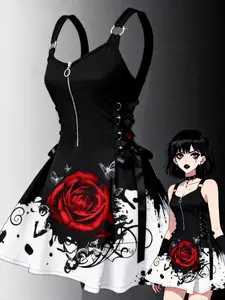 Gothic Casual Large Flower Print Dress, Youthful Fashion Streetwear, Music Festival, Slim Fit Tie Waist, Zipper Opening, Ink Splash Design, Womenswear