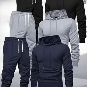 high quality 3-Pack Men'S Casual Sports Hoodie and Sweatpants Set, Solid Color, Long Sleeve Pullover Pocket, Knit Polyester, Slight Stretch, Regular Fit, Elastic Waist with Drawstring, Ribbed Cuff Pants - Spring/Fall Athletic Outfit Clothing Tops