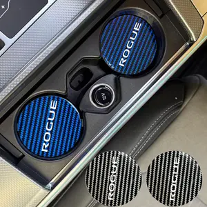 2 Pcs Car Coaster Water Cup Holder, Anti-Slip PU Leather & Carbon Fiber Striped Design, Fits Nissan Rogue, Durable Protection