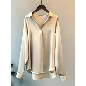 [Elegant Blouse] Polyester Elegant Women's Blouse, Long Sleeve Button-Up Shirt - Solid Color, Lapel Collar, Woven Fabric, All Season Office Wear, 95% Polyester 5% Spandex Blend Top White Chic Womenswear Comfort